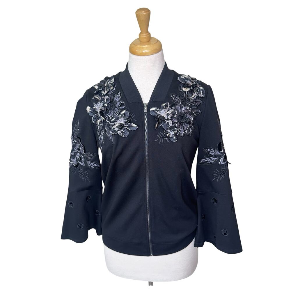 KOBI HALPERIN Floral Applique Flare Sleeved V Neck Jacket Black SMALL KP7J05